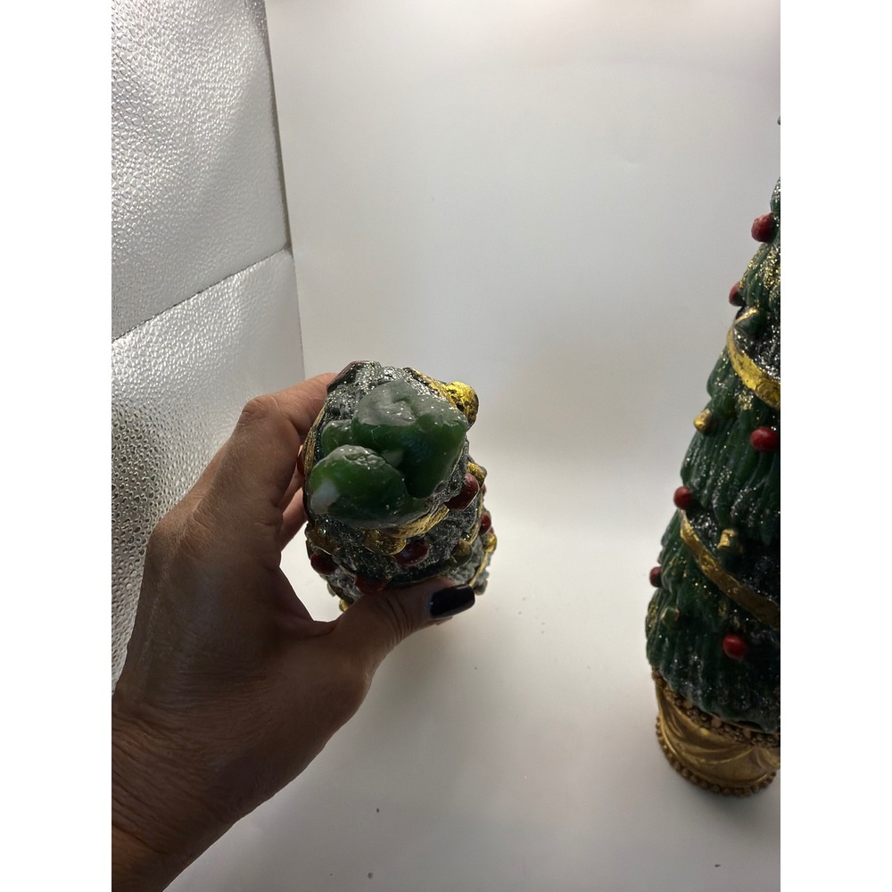 Department 56 Christmas Tree Pillar Candles Gold Base Glitter Set of 2 Green 12" - Picture 4 of 7